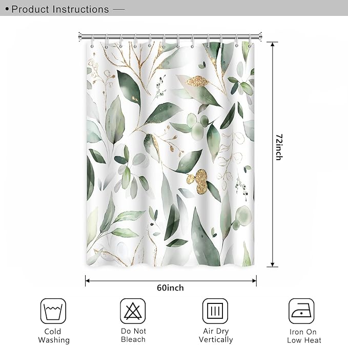 Abstract Eucalyptus Leaves Shower Curtains Sage Green Gold Branches Leaf Nature for Bathroom Farmhouse Style Home Decor Waterproof Polyester Fabric Shower Curtain with Hooks, 60x72 Inch
