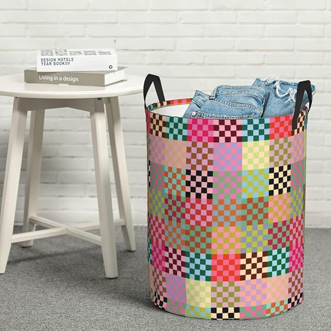 Laundry Basket Colorful Checkered Decor,Waterproof Laundry Hamper Checkered Decor Collapsible Laundry Baskets With Handles,Toy/Clothes Storage Basket For Home Bedroom Bathroom Decor