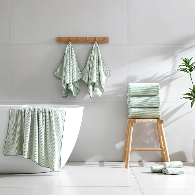 8-Piece Premium Towel Set for Bathroom|2 Oversized Large Bath Sheet,2 Hand Towels,4 Washcloths|Soft Cozy Highly Absorbent Fast Dry Microfiber Shower Towel Set for Hotel Bathroom Essentials,Green White