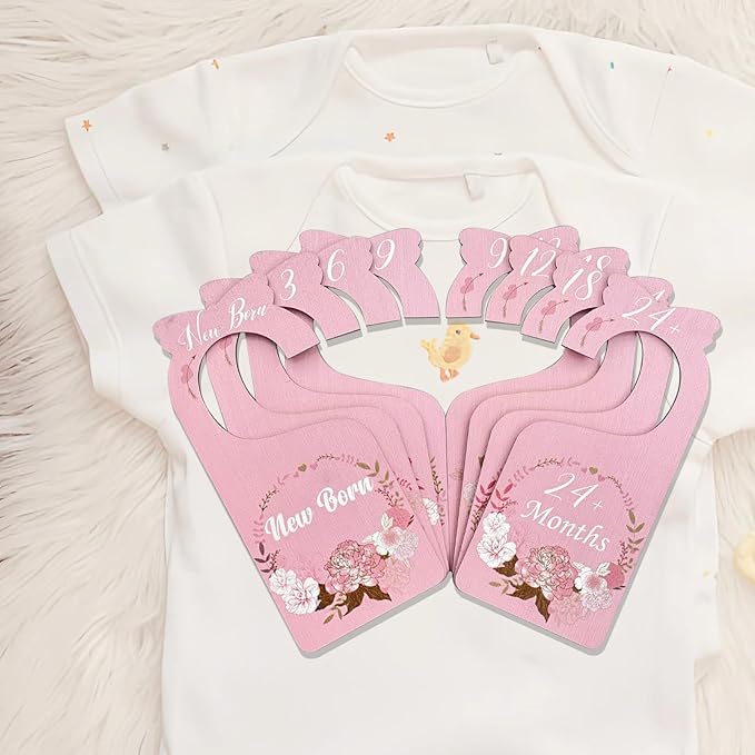 Baby Closet Dividers for Clothes Organizer, 8 Pack Pink Flowers Wooden Double-Sided Baby Clothes Size Hanger Organizer from Newborn to 24 Months for Daycare Wardrobe, Boho Nursery Decor