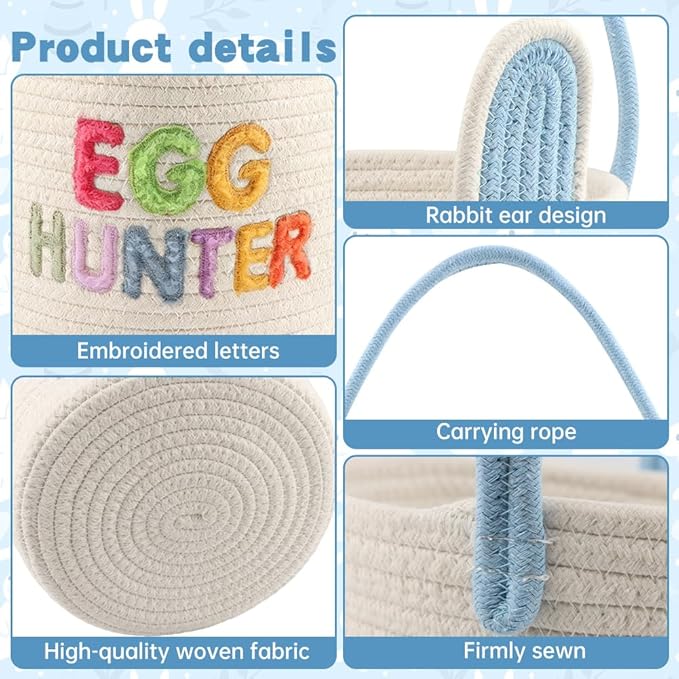 Easter Basket, Soft & Durable Easter Bunny Basket with 10 Pack Eggs, Woven Cotton Rope Egg Baskets