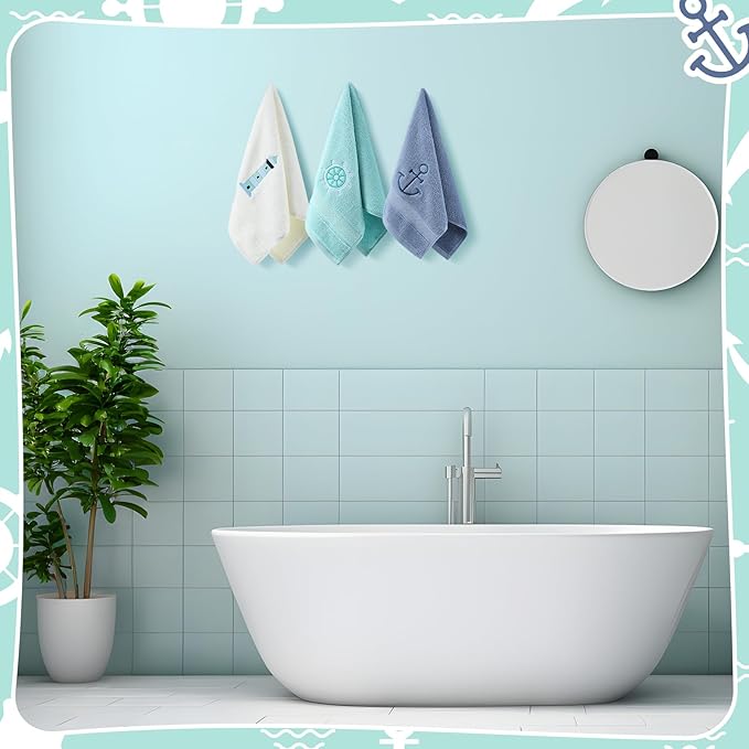3 Pack Nautical Hand Towels for Bathroom 100% Cotton Embroidered Beach Bathroom Towels 13.78 x 29.53 Inch Soft Absorbent (White Green Blue, Lighthouse)