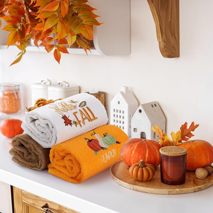 3 Pcs Fall Pumpkin Hand Towels for Bathroom Embroidered Bathroom Towels Farmhouse Decorative 13.78 x 29.53 Inch Absorbent Soft Cotton for Kitchen Dish Fast Drying Decor
