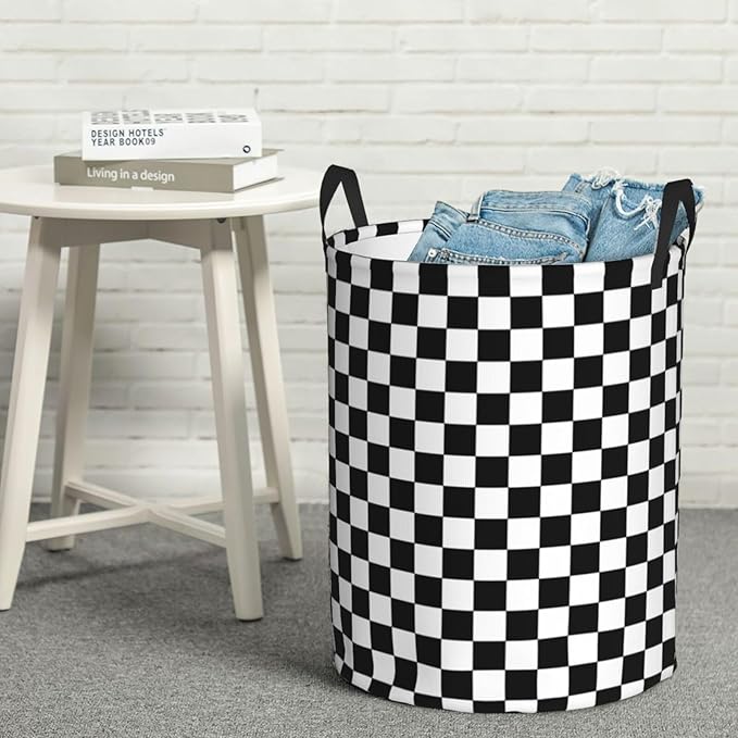 Laundry Basket Black White Checkered Decor,Waterproof Laundry Hamper Race Car Room decor Collapsible Laundry Baskets With Handles,Toy/Clothes Storage Basket For Home Bedroom Bathroom Decor