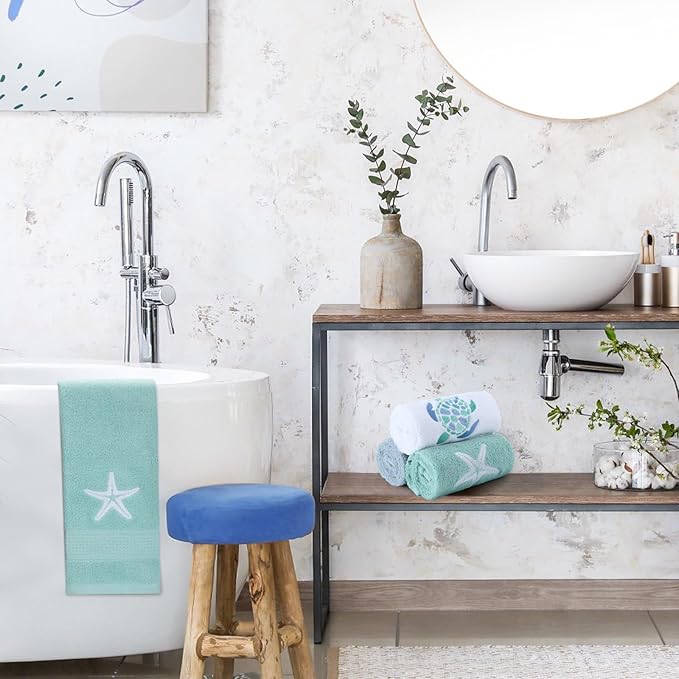 3 Pcs Ocean Beach Coastal Hand Towels for Bathroom Embroidered Bathroom Summer Towels Farmhouse Decorative 13. 78 x 29. 53 Inch Absorbent Soft Cotton for Kitchen Dish Fast Drying Decor