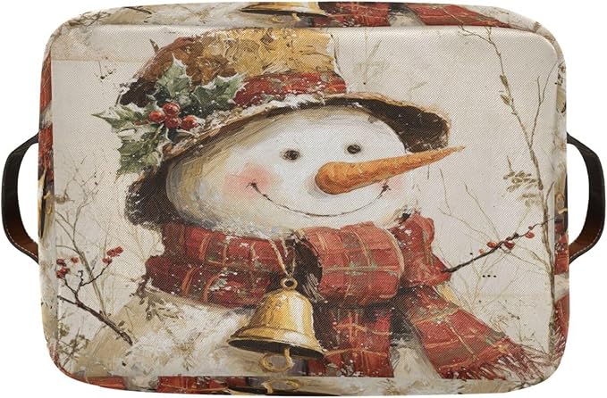Christmas White Snowman Print Rectangular Storage Bin Basket with Handles - Nursery Storage Laundry Hamper Storage Baskets