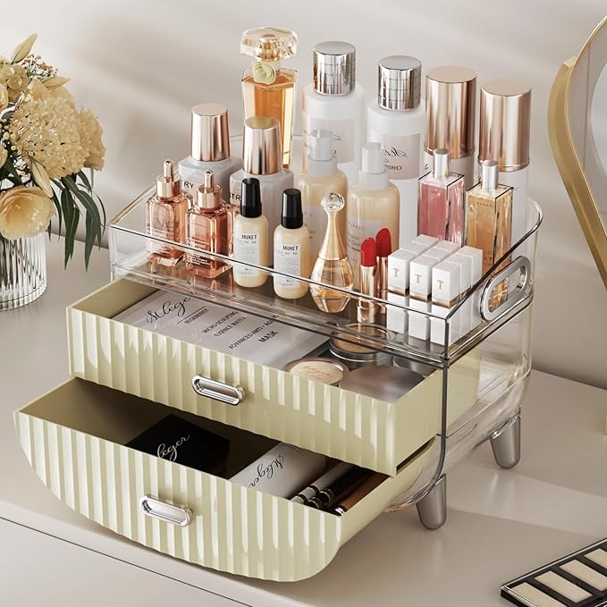 LAMU Makeup Organizer With 2 Drawers, Bathroom Storage With Four Non-Slip Feet And Dust-Proof, Simple And Stylish For Desktop, Vanity, Bathroom Countertops, White, Ideal Christmas Gifts for Girls