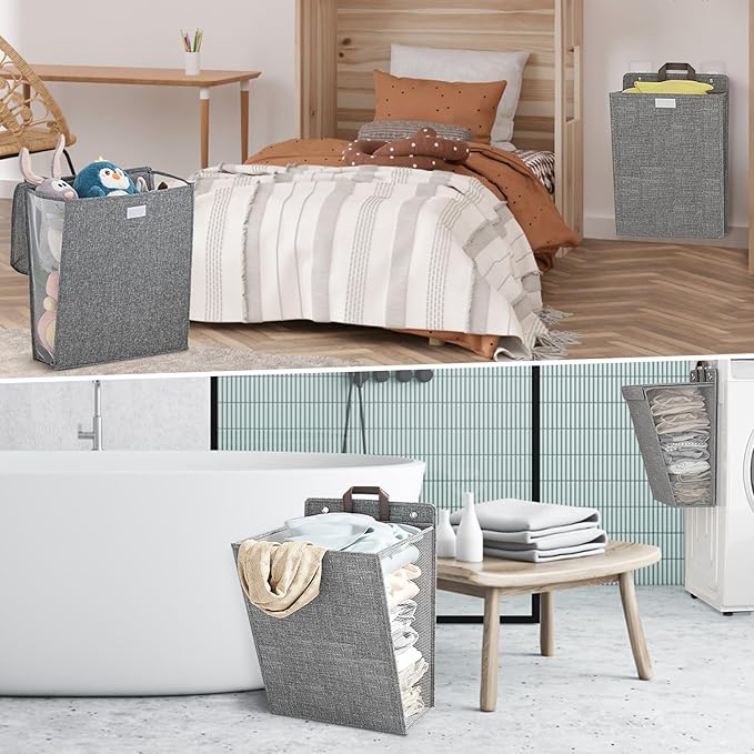 Wall Hanging Laundry Basket, Collapsible Laundry Hamper with Handle & Laundry Balls,Space-Saving Foldable Storage Dirty Washer Organizer Bin Multi-function Container Durable, Set of 2 (Grey)