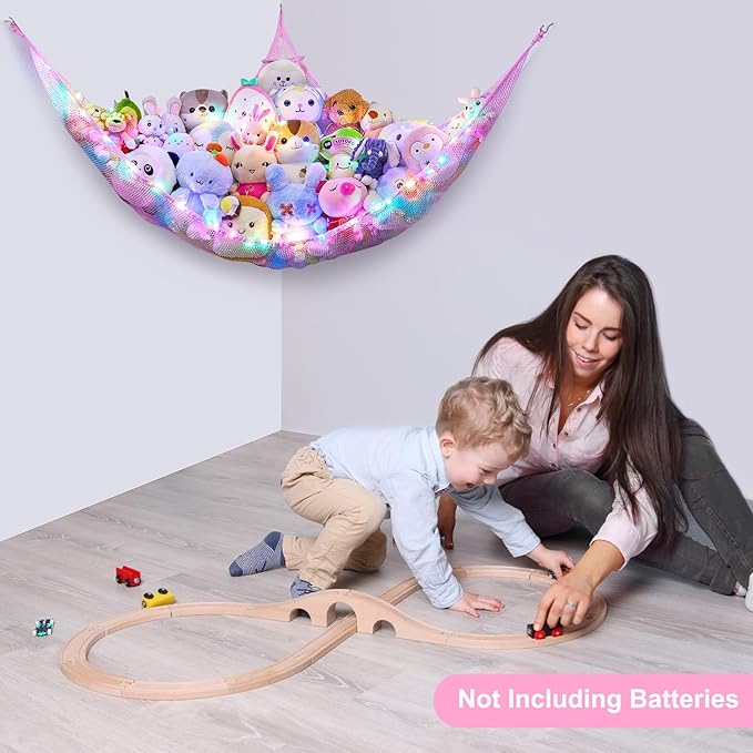 Unicorn Castle Stuffed Animals Net or Hammock Kids Toy Storage Organizer with LED Light Hanging Corner Stuffed Animals Holder Kids Girls Room Decor,Pale-Pink,Large (Pack of 1)