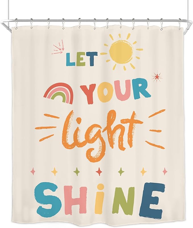 Homewelle Kids Quotes Shower Curtain Set Inspirational Cartoon Colorful Let You Light Shine Classical 60Wx72H Inch English Letter Sun Simple for Child Waterproof Polyester Fabric Bathroom Bathtub