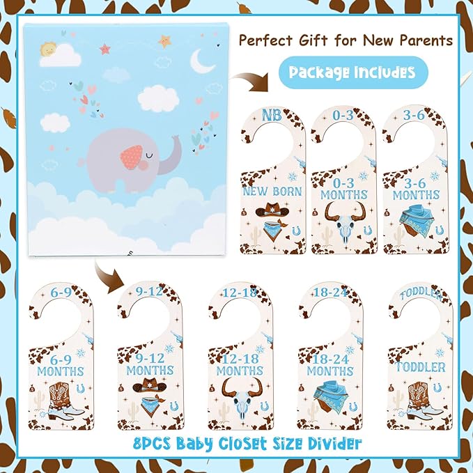 Baby Closet Dividers 8PCS, Western Cowboy Theme Wooden Double-Sided Clothes Size Hanger Organizer from Newborn to Toddler for Nursery Decor Baby Shower Birthday Gift