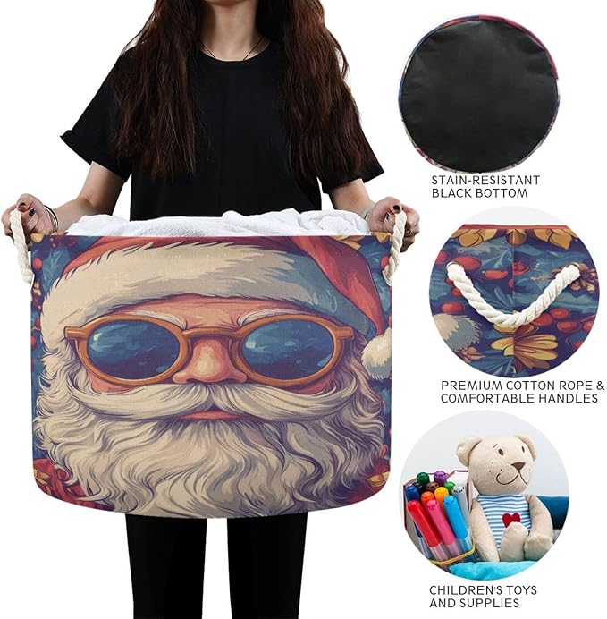 Blanket Storage Basket for Living Room - Hippie Santa Claus Large 20"x20"x14" Cotton Rope Handles Laundry Basket, Foldable for Toy Storage, Blanket Basket