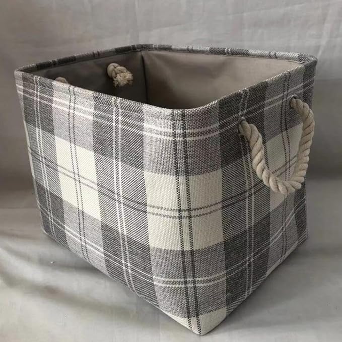 AI-2270-208-Q06 Cream & Gray Plaid Pattern with Rope Handles Basket - Set of 6