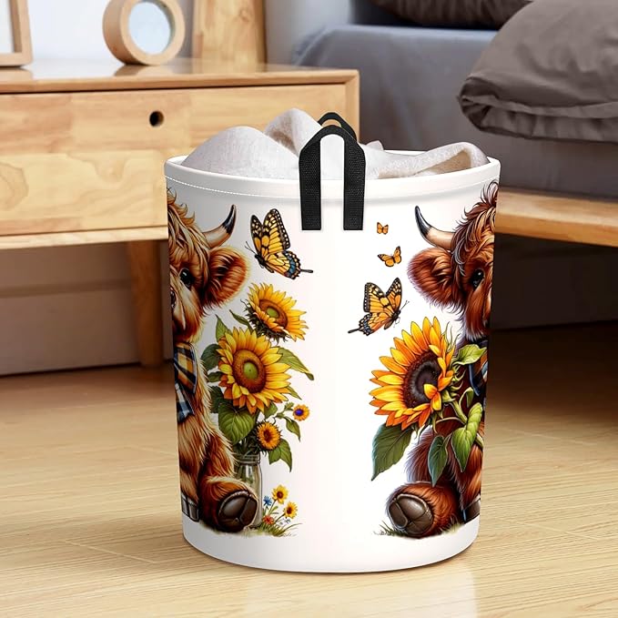 Sunflower Highland Cow Baby Laundry Hamper,kids laundry Basket,Waterproof Storage Bin for Bedroom,Clothes Organizer Basket,Toys Box,Room Decor