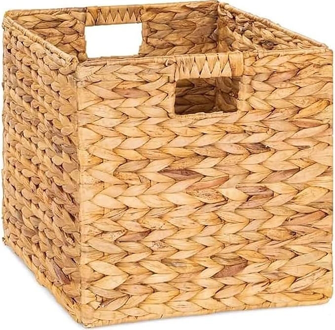 10.5x10.5in Storage Baskets Set Water Hyacinth Baskets,Foldable Handwoven Storage Cubes,Wicker Cube Baskets Laundry Organizer Totes for Bathroom, Bedroom, Laundry, Pantry, Shelves (1, Water Hyacinth)