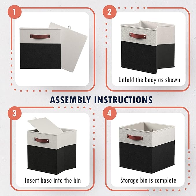 Ornavo Home 13 x 13 Storage Cube Bins, Foldable Collapsible Fabric Storage Bins Box Linen Shelf Basket Cube Organizer for Closet with Leather Handles, 6 Pack, White/Black