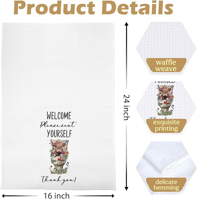 Highland Cow Bathroom Hand Towels 16x24 Inch, Highland Cow Bathroom Decor, Funny Farm Animal Hand Towels for Guest Bath Room Washroom Restroom Toilet