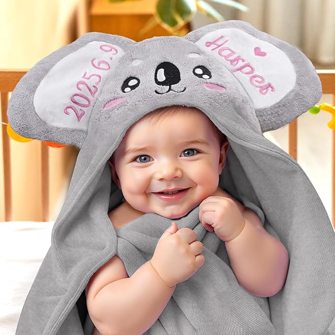 Baosity Custom Hooded Baby Towel with Name, Soft and Absorbent Customized Koala Toddler Towels, Baby Bath Towel for Boys and Girls, Easter Birthday Towel for Kids,Babies, Toddlers, Newborns Essential