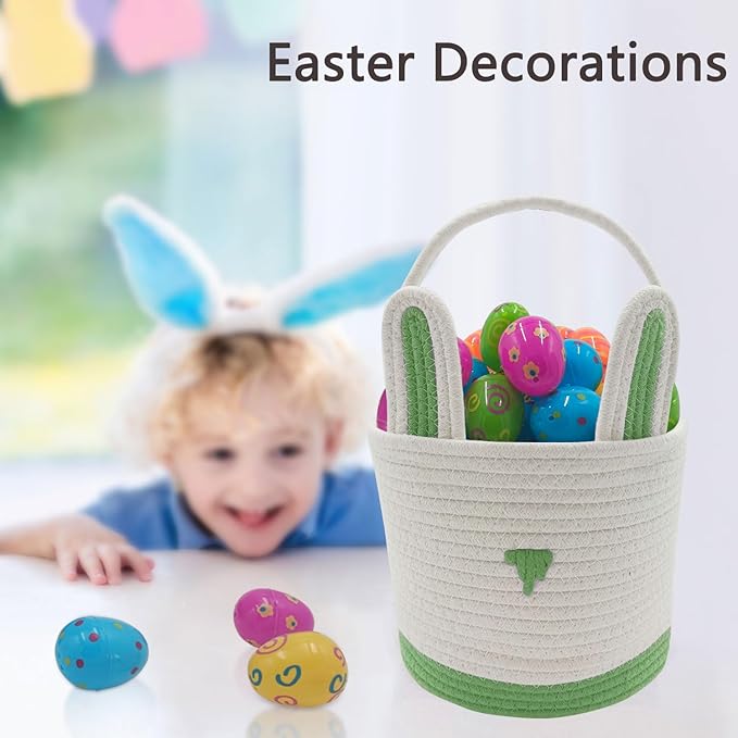 2 Pack Large Woven Easter Baskets for Kids - Boy & Girl Options, Empty Basket with Gift Bags and Ribbons Cute Easter Decorations Bunny Ears Designs (Pink+Green)