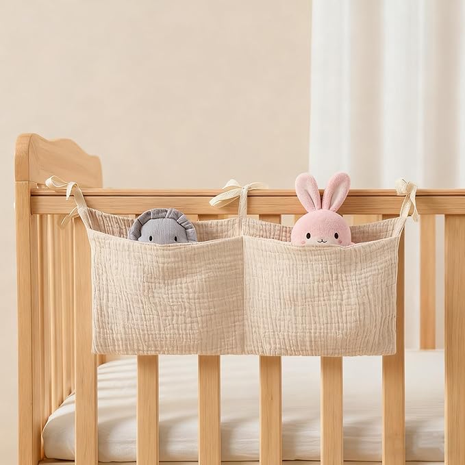 Muslin Cotton Baby Bedside Hanging Storage Bag, 2-Pocket Crib Diaper Caddy Organizer, Nursery Organization Holder for Cribs, Playard, Changing Table or Wall, Milk Bottle Bib Organizing Oatmeal