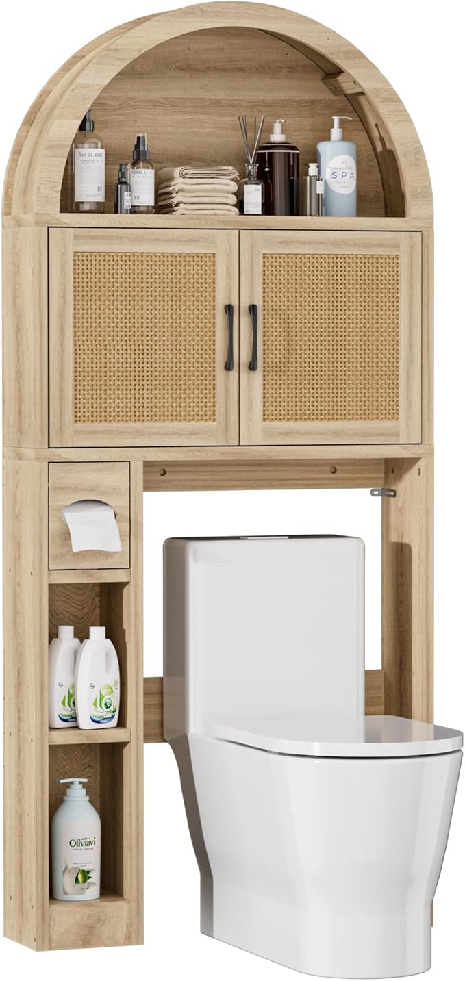 Over The Toilet Storage Cabinet, Over Toilet Bathroom Organizer with Rattan Doors, Arched Storage Organizer Cabinet with Anti-Tip Device and Adjustable Shelf for Bathroom, Natural