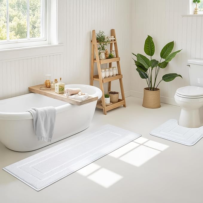GRANNY SAYS Large Bathroom Rugs Non Slip Washable, 59" x 20", Water Absorbent Bath Mats for Bathroom, Thick Soft Shaggy Bath Rug, Microfiber Bath Floor Mat, Bath Decor, White