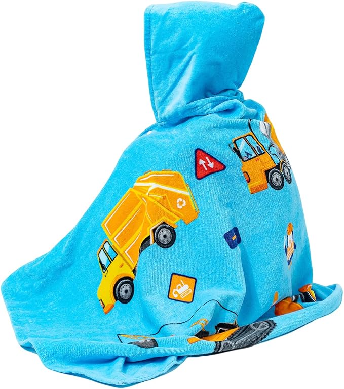 Gealaek 100% Cotton Hooded Towel for Toddlers 5-12 Years Boys Girls 60"x30" Extra Large Wearable Wrap Kids Bath Pool Beach Towel Soft Absorbent Beach Poncho(Construction Site XL)