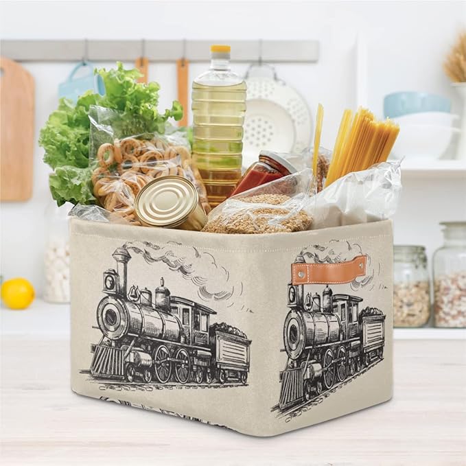 Large Storage Baskets for Organizing Shelves Vintage Steam Locomotive Train Foldable Cube Storage Bins with Handles Rectangle Fabric Closet Organizers for Home Toys Clothes, 2 Pack