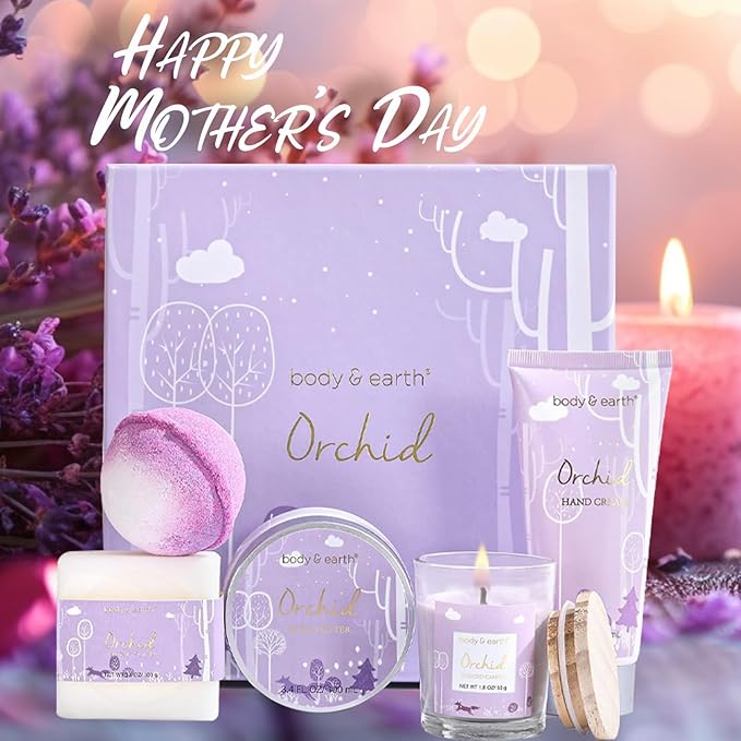 Spa Gifts for Women, Body & Earth 5 Pcs Gifts for Women Orchid Gift Sets, Bath and Body Womens Bath Gifts, Valentine‘s Day Gift