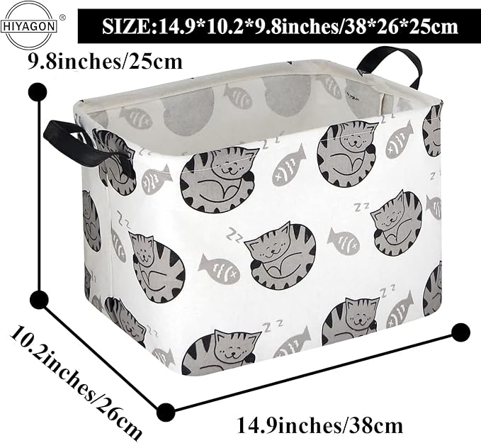 HIYAGON Cat Basket Cute Toy Storage Basket Bin Organizer Box Kids Gift Basket Empty Rectangular Cat Room Decor for Home Books(Fish & cats)