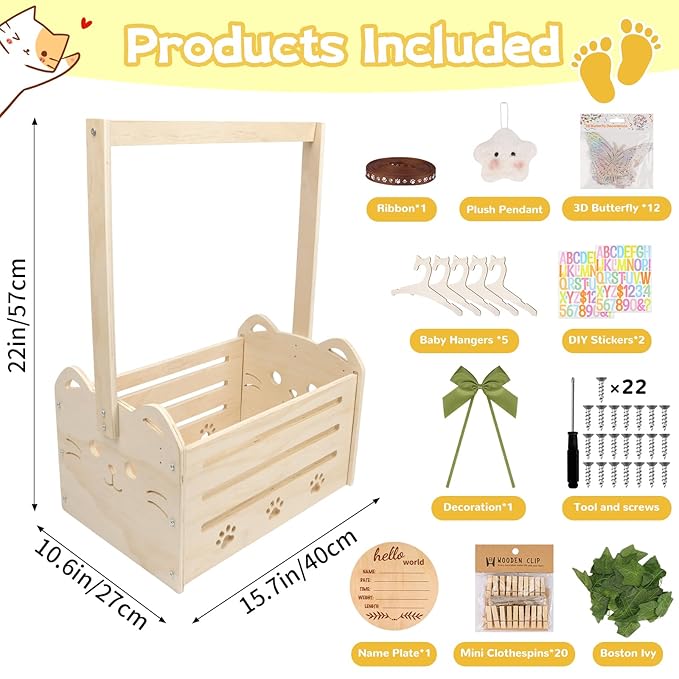 Wooden Baby Shower Crate Closet, Cute Cat Baby Shower Closet Basket with Handle, Gender Reveal Storage Box for Pregnancy New Parent, Personalized Baby Gifts Basket