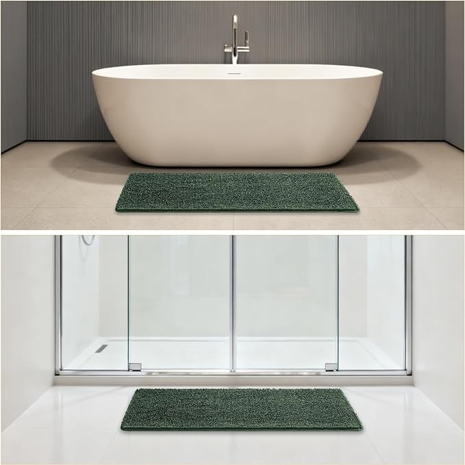 Hunter Green Bathroom Rugs 17"x47" - Plush Chenille Non-Slip Runner Bath Mat - Absorbent, Washable, Soft Decor for Shower, Sink, Tub, Kitchen, Home Accessories