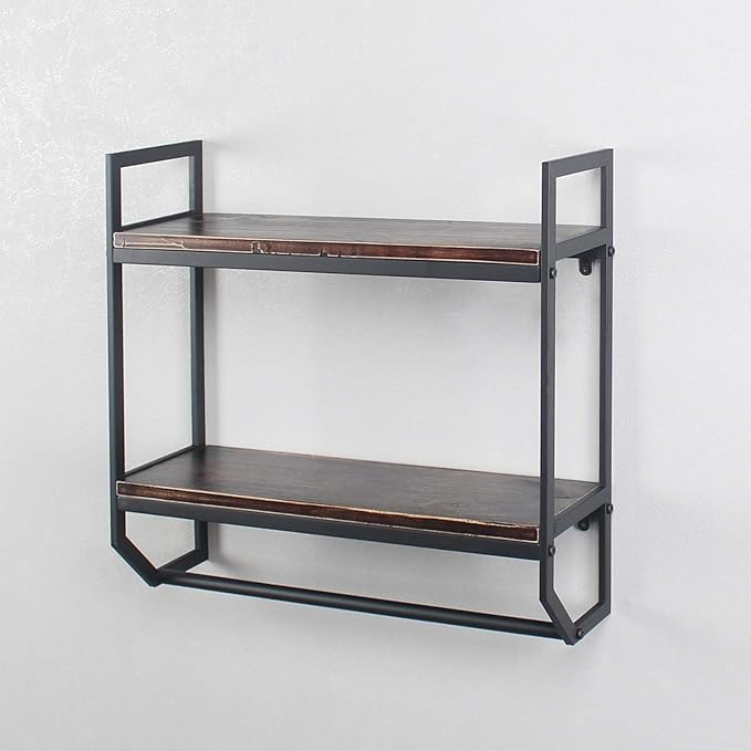 2-Tier Metal Industrial 23.6" Bathroom Shelves Wall Mounted,Rustic Wall Shelf Over Toilet,Towel Rack with Towel Bar,Utility Storage Shelf Rack, Floating Shelves Towel Holder,Retro Black