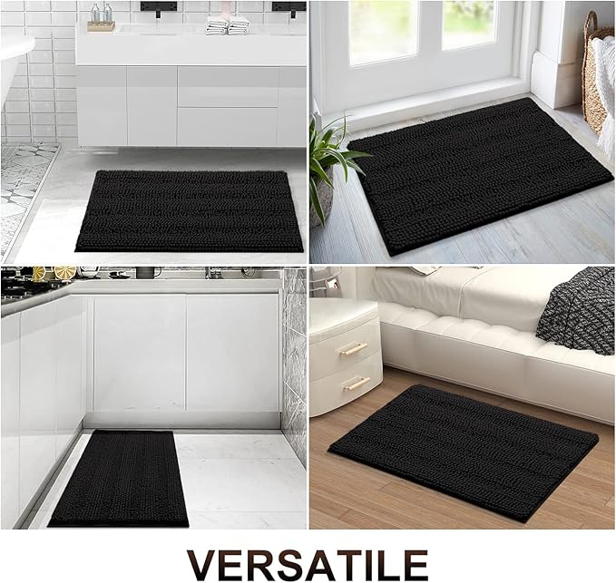 Grandaily Chenille Striped Bathroom Rugs 70x24, Extra Thick and Absorbent Bath Mats, Non-Slip Soft Plush Shaggy Shower Carpet, Machine Wash Dry, Bath Rug for Bathroom, Black