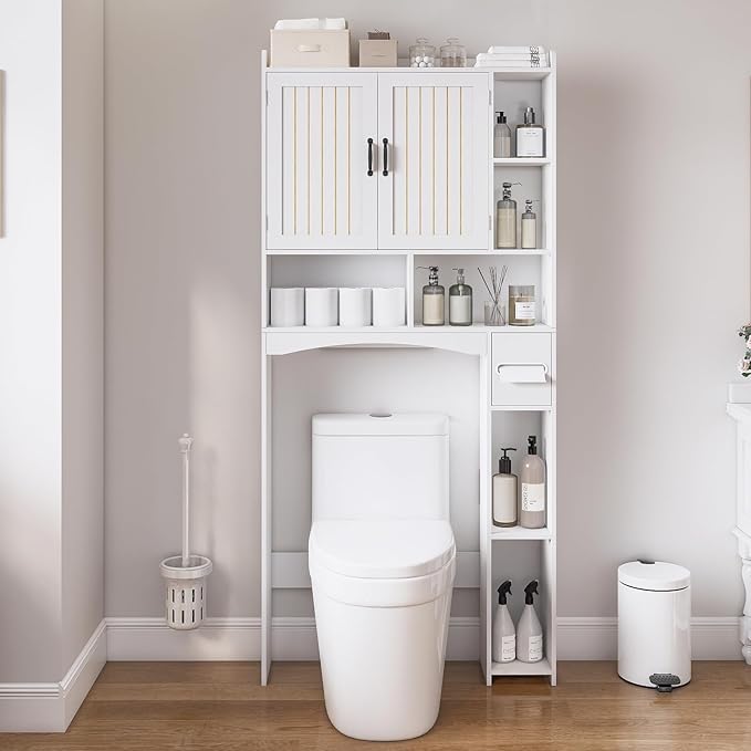 Over The Toilet Storage Cabinet, Over Toilet Bathroom Organizer, Bathroom Storage cabinets with Anti Tipping Devices, Storage cabinets with Toilet Paper Holders, for Bathroom, Laundr(White)