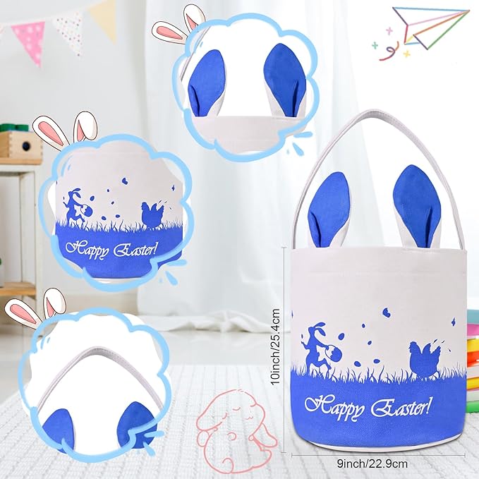 2 Pack Easter Bunny Baskets for Kids - Easter Basket Bags with Handles, Canvas Rabbit Tote Bags for Easter Egg Hunts, Party Gifts, and Storage (Empty) (Pink+Blue)