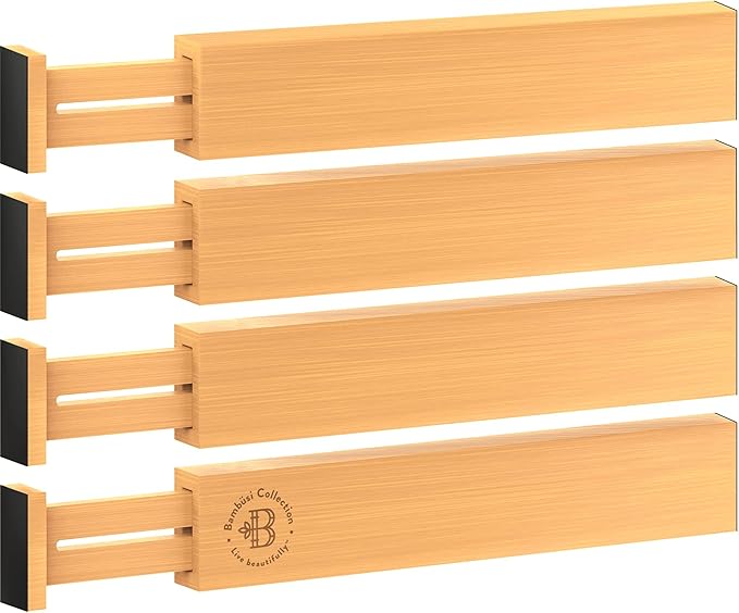 4 Pack Drawer Divider - 2.6" High, 16" to 22" Adjustable Bamboo Drawer Organizers for Clothes, Expandable Dresser Separators in Bedroom/Bathroom/Kitchen/Office Organization and Storage (Natural)