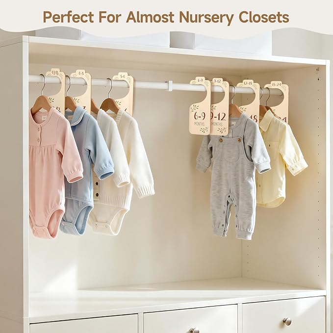 Wooden Baby Closet Dividers - Set of 8 Baby Clothes Organizer from Newborn to Toddler, Double-Sided Gender Neutral Baby Clothes Dividers