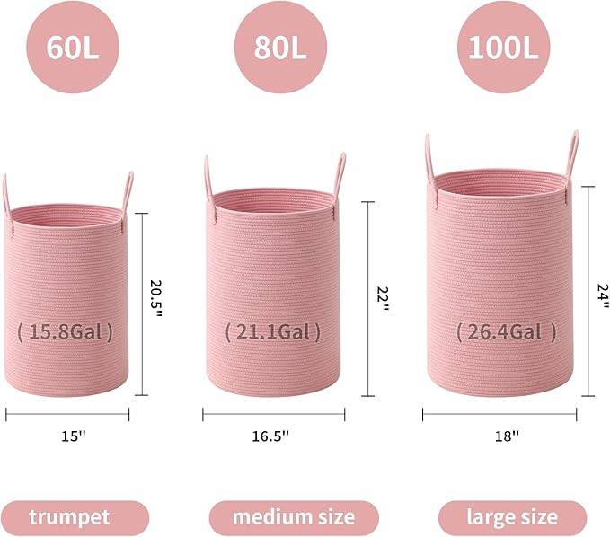 Woven Laundry Hamper Tall Rope Storage Basket for Blanket toys Dirty Clothes in Living Room Bathroom Bedroom (Pink, 100L/26.4Gal)