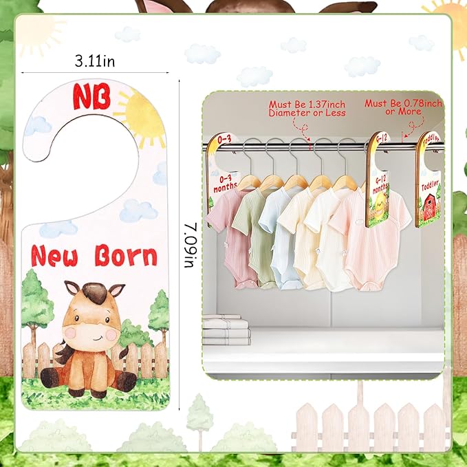 Baby Closet Dividers 8PCS, Farm Animal Theme Wooden Double-Sided Clothes Size Hanger Organizer from Newborn to Toddler for Nursery Decor Baby Shower Birthday Gift (Includes Gift Box)