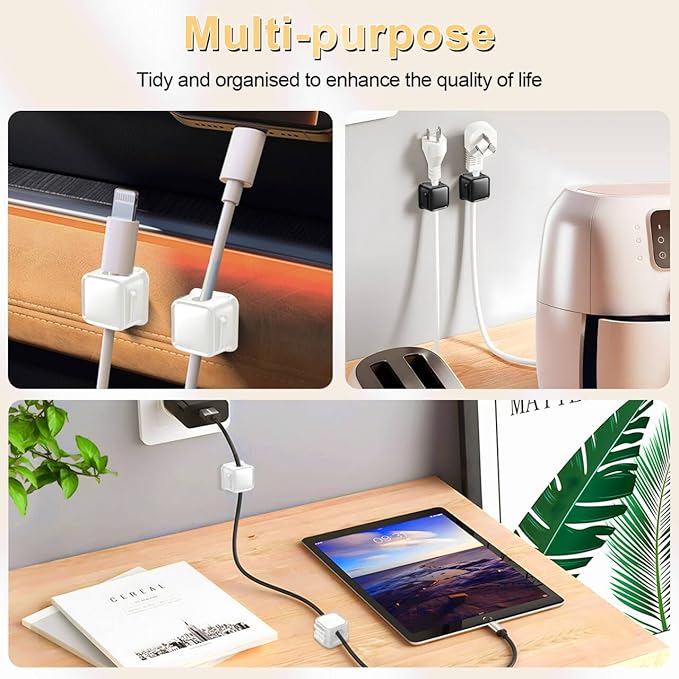 18 Pack Cord Organizer Holder, Magnetic Cable Clips Management, Easy Adhesive Phone Charging Cable Keeper, Hide Or Organize Desk Cable for Kitchen, Office, Car, Nightstand(White and Black)