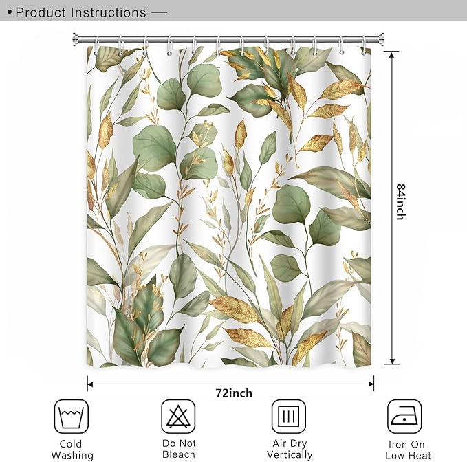 Green Eucalyptus Leaves Bathroom Shower Curtain Tropical Leaf Nature Plant Shower Curtain Polyester Waterproof Fabric Modern Home Decor, 72x84 Inch