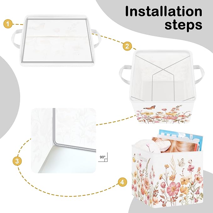 11.8" Wild Flower Storage Cube Organizer Set 3Pcs Clothes Storage Basket Bin for Closet Shelf Garden Butterfly Nursery Kid Room Book Toy Chest, Wildplants
