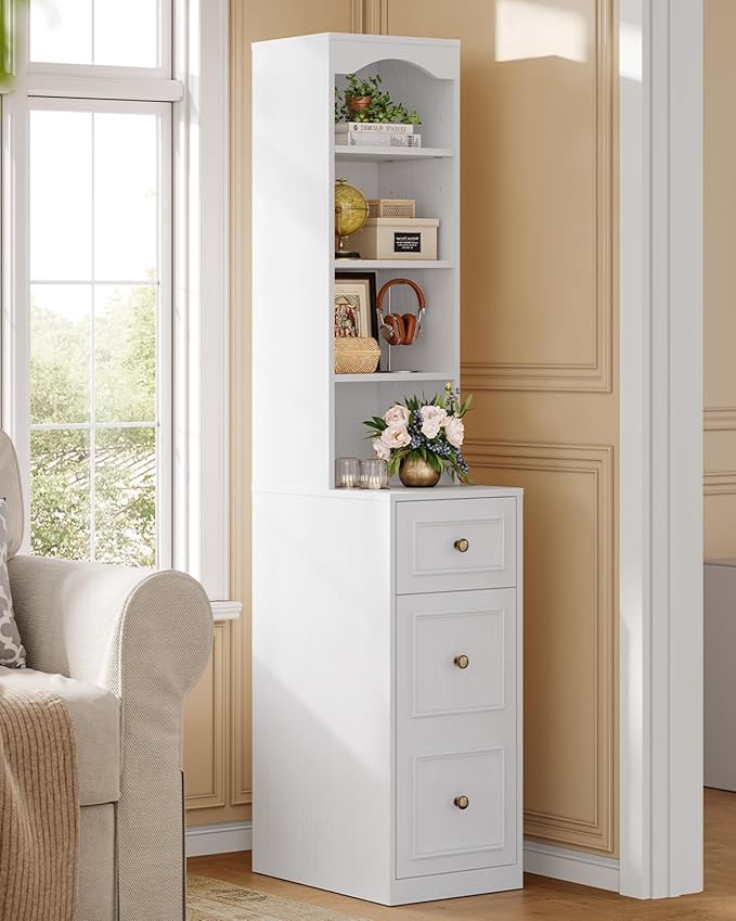 67" Tall Bathroom Storage Cabinet, L-Shaped 6-Tier Narrow Storage Cabinet with Adjustable Shelf, Slim Bathroom Storage Cabinet for Bathroom, Living Room, Home Office, Entryway, White