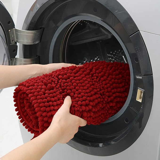 ACCUMTEK Christmas Striped Red Ultra Soft Bathroom Rugs and Mats Set 3 Pieces Bath Mat Set, Thick Chenille Bath Rugs Non Slip Bath Mats for Bathroom, Kitchen, Burgundy