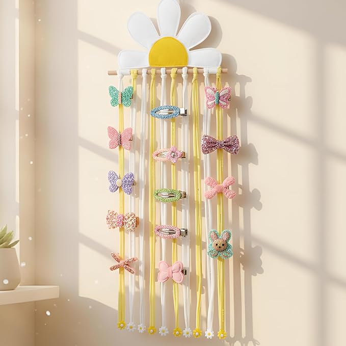 Long Bow Holder for Girls Baby White Daisy Hair Bows Clip Organizer 31.5 Inch Baby Hair Accessories Storage Display Hanging Decor for Girls Nursery Room Bedroom Living Room