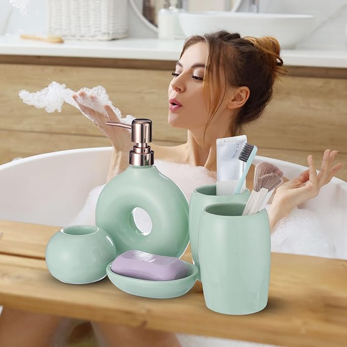 5 Pcs Ceramic Bathroom Accessories Set Includes Soap Dispenser Toothbrush Cup Holder Soapbox Holder Stylish Modern Bathroom Matte Glaze Decor (Green)