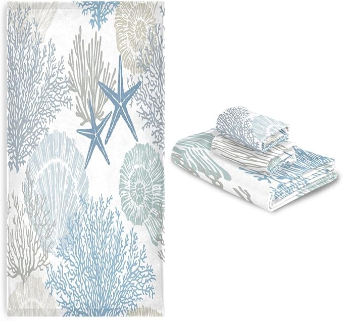 3 Piece Nautical Blue Grey Bath Towels Set,Microfiber Absorbent Beach Theme Starfish Coral Ocean Coastal Towels for Bathroom,1 Bath Towel,1 Hand Towel,1 Washcloth,Decorative Bathroom Towels