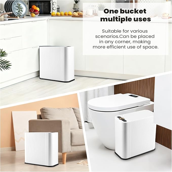 9-Piece White Bathroom Set with Press-Top Slim Trash Can - Minimalist Vertical Stripe Bathroom Accessories Sets with Toilet Brush, Soap Dispenser, Toothbrush Set, Soap Dish & Apothecary Jars