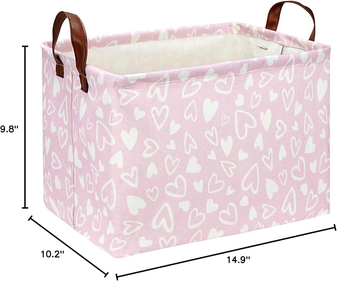 Rectangle Pink Gift Basket Empty with for Kids,Pink Valentine Bakset,Cute Organizer Toy Bin,Gift Basket for Girls/Kids(Pink & White Heart)